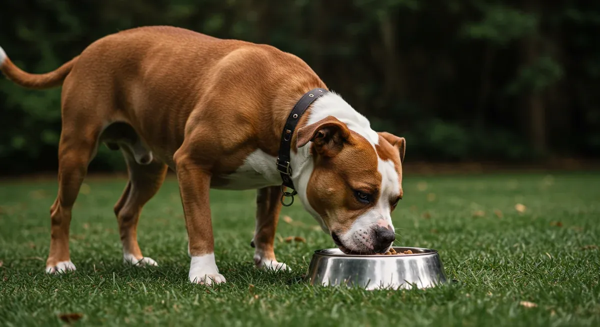 American Bulldog exhibiting early signs of resource guarding behavior around food bowl, showing body language that indicates potential dominance issues