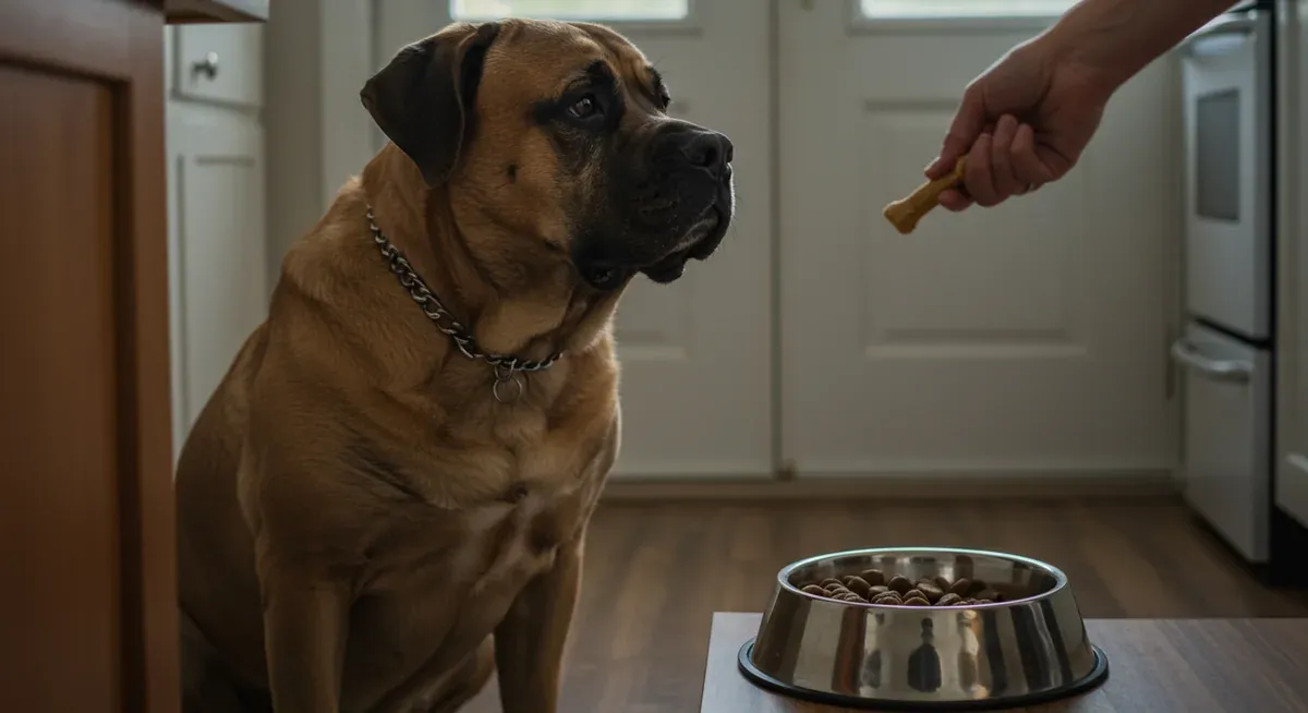 A Mastiff dog displaying calm behavior around their food bowl while receiving positive reinforcement training to address resource guarding