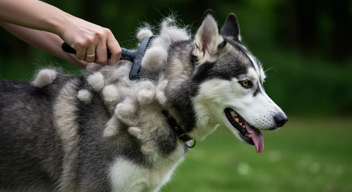 Siberian Husky during seasonal shedding period showing the extensive loose undercoat fur being removed during daily brushing session