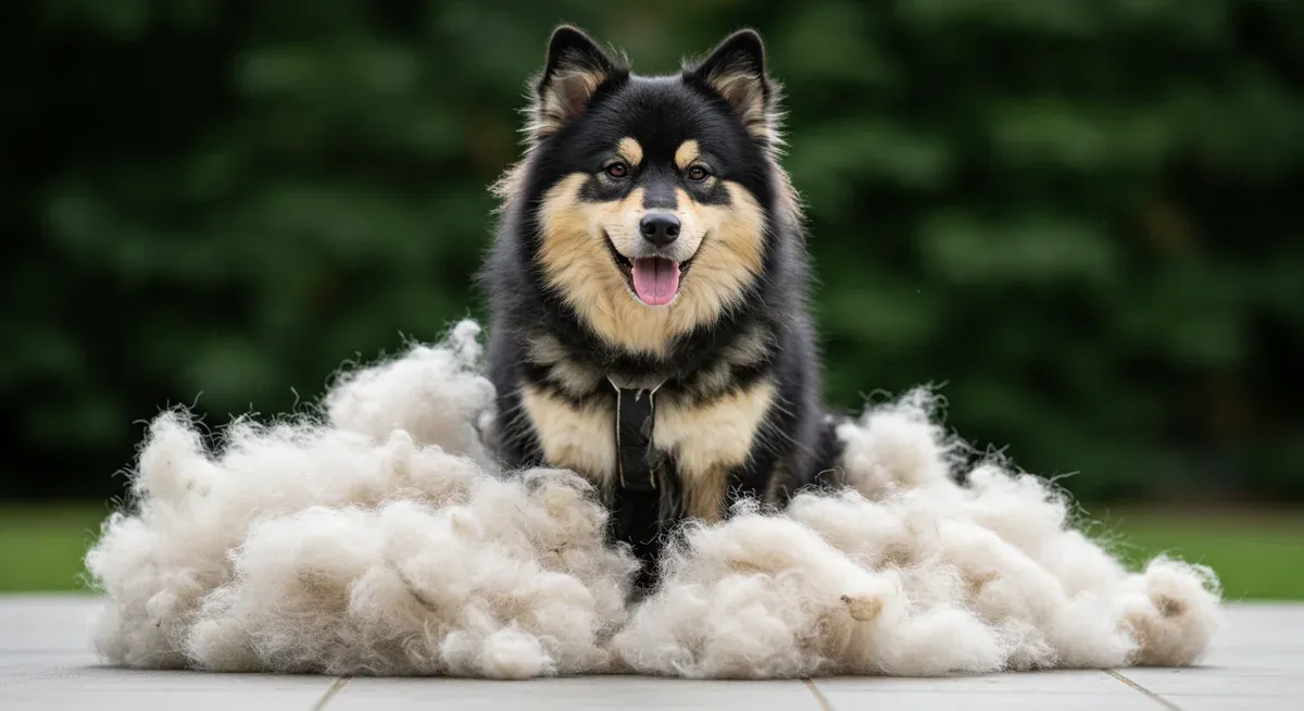 Finnish Lapphund during seasonal coat blow showing the dramatic amount of loose fur that comes out during these intense shedding periods