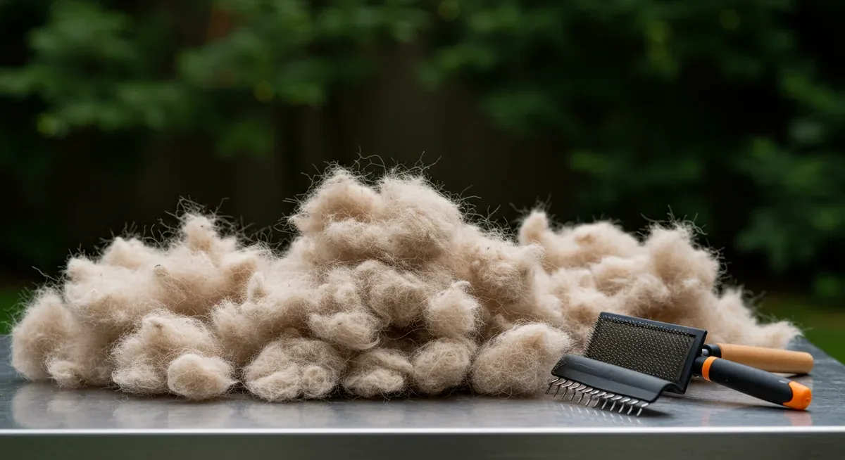 Large amounts of shed Akita undercoat fur displayed with grooming tools, illustrating the dramatic seasonal shedding that occurs during coat blowing periods