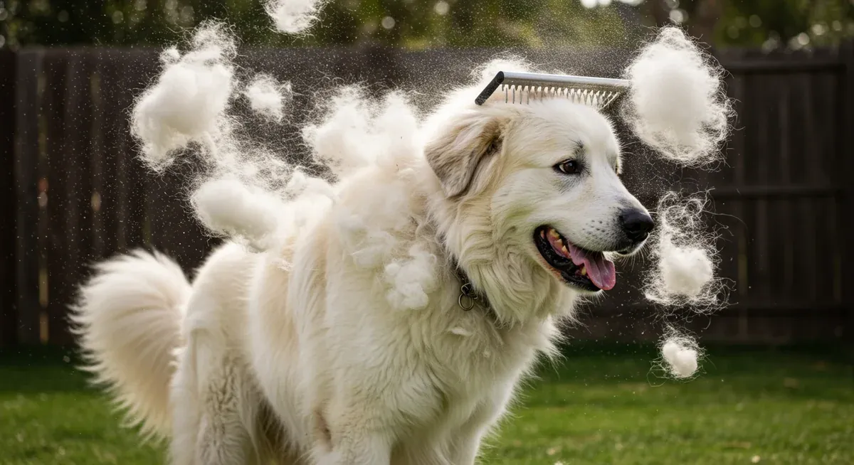Great Pyrenees dog during seasonal shedding with large amounts of white undercoat fur being removed, demonstrating the intensity of coat blowing periods