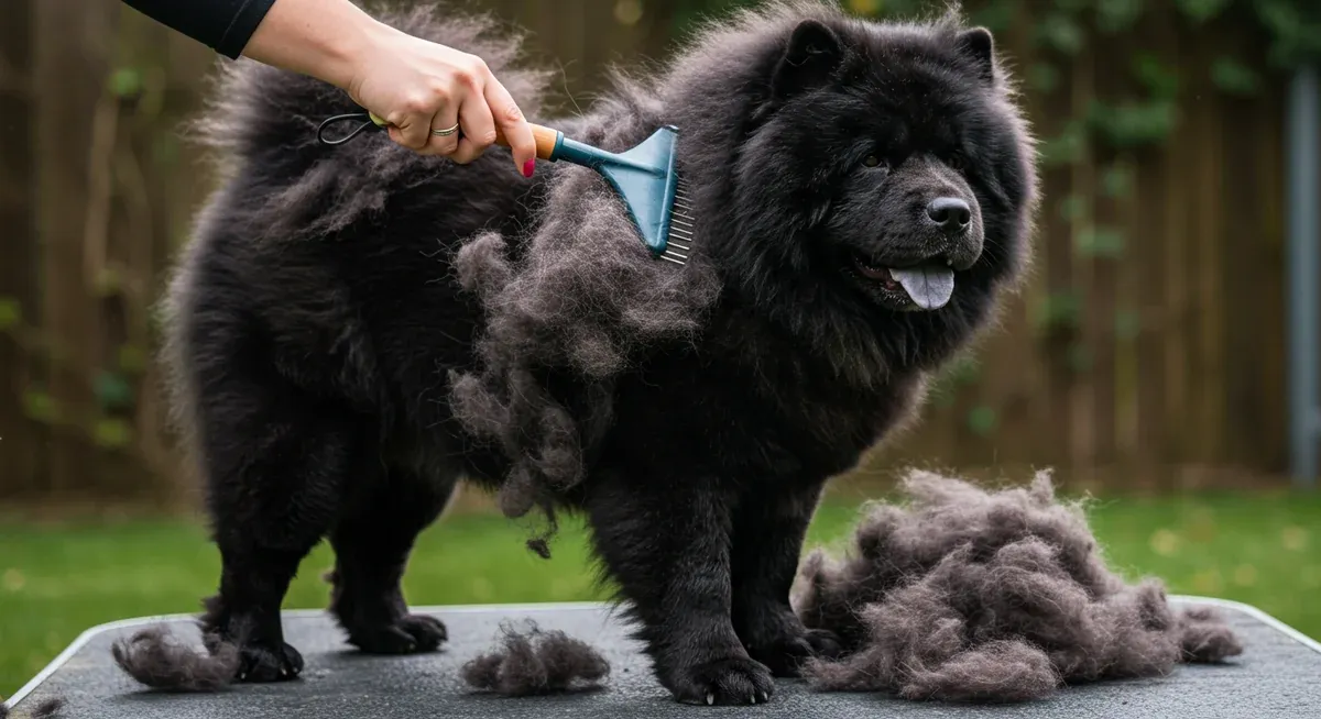 A black Chow Chow during seasonal coat blowing showing the large amounts of undercoat being removed with specialized grooming tools