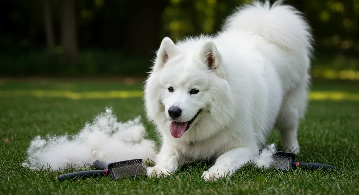 Samoyed surrounded by loose white fur during seasonal shedding period, illustrating the heavy coat blowing phase that requires intensive grooming