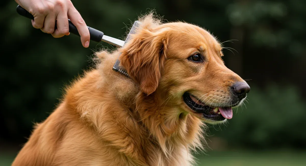 Golden Retriever during seasonal shedding with undercoat rake removing large amounts of loose fur, illustrating the intensity of spring and fall coat changes