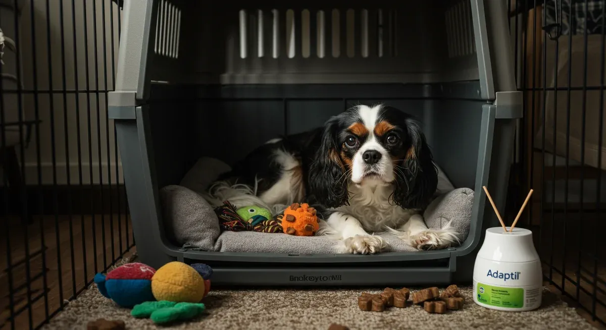 A calm Cavalier King Charles Spaniel resting in a comfortable crate with special toys and calming aids nearby, demonstrating proper setup for managing separation anxiety