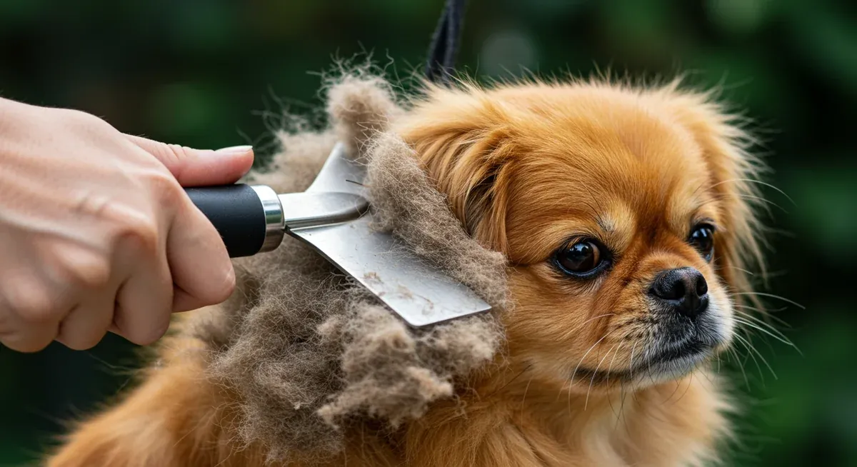 A mat splitter tool being used safely on matted Pekingese coat, demonstrating proper technique for removing stubborn tangles without causing discomfort