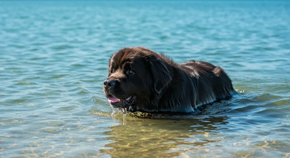 A Newfoundland dog swimming in clear water, displaying their natural aquatic abilities and webbed feet that make swimming ideal exercise for the breed