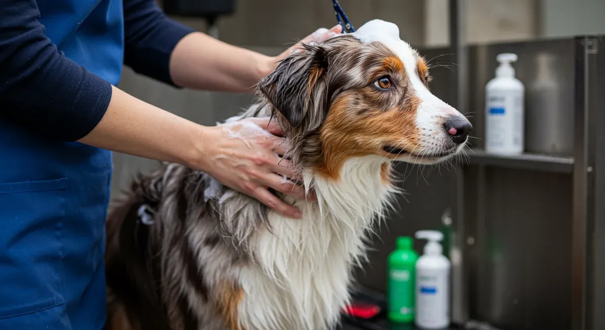 Australian Shepherd receiving a therapeutic bath with hypoallergenic products as part of allergy management routine