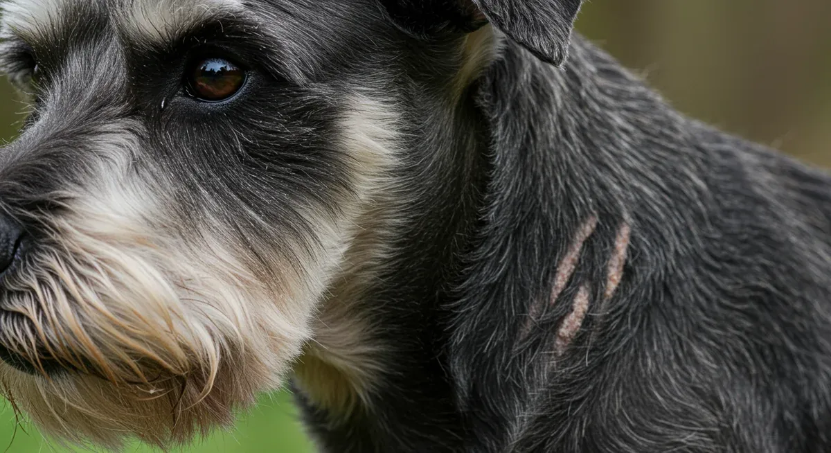 Close-up comparison of healthy versus irritated Schnauzer coat and skin showing the effects of proper nutrition