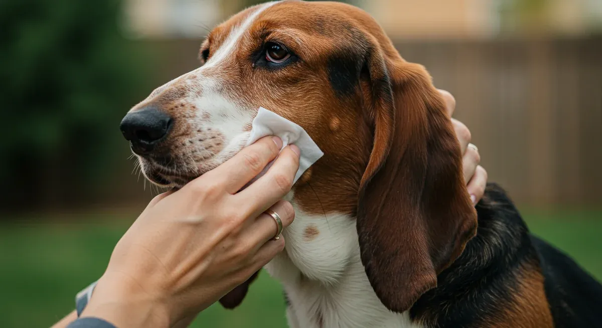 Proper cleaning technique being demonstrated on a Basset Hound's skin folds using veterinary wipes for allergy prevention
