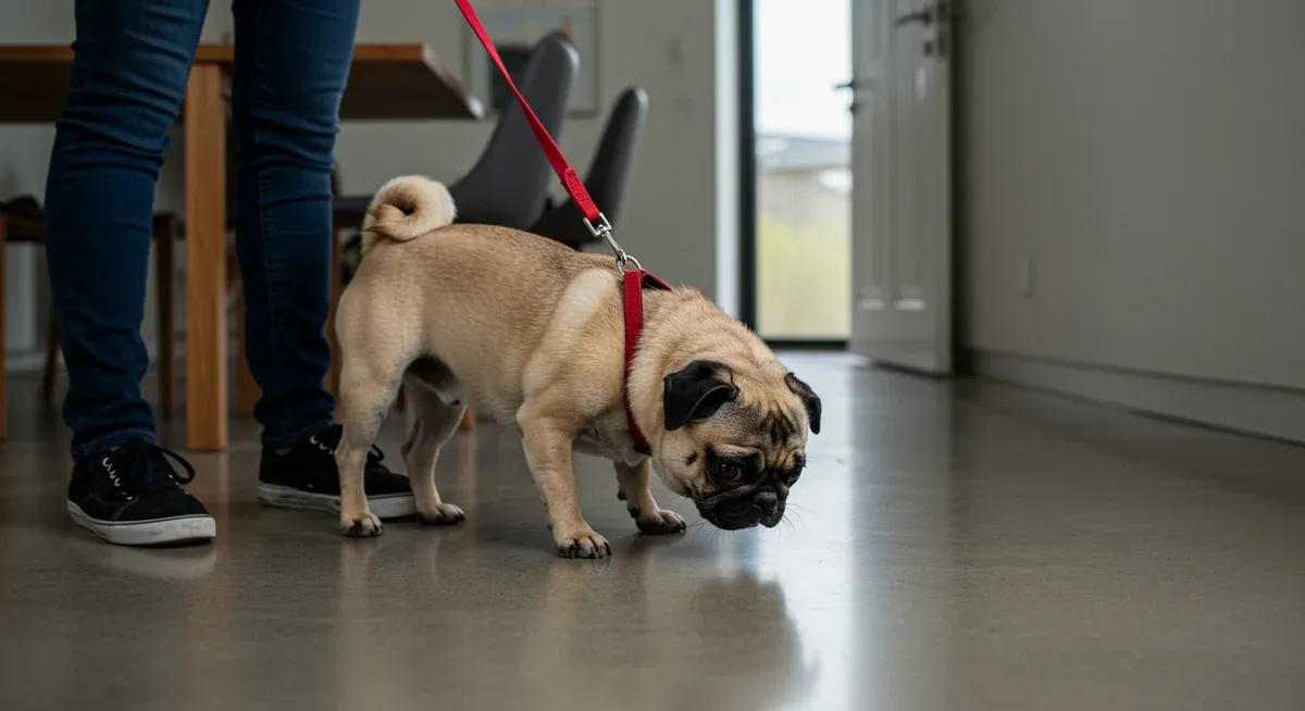 A Pug on a leash indoors showing sniffing behavior, demonstrating the supervision techniques needed during house training