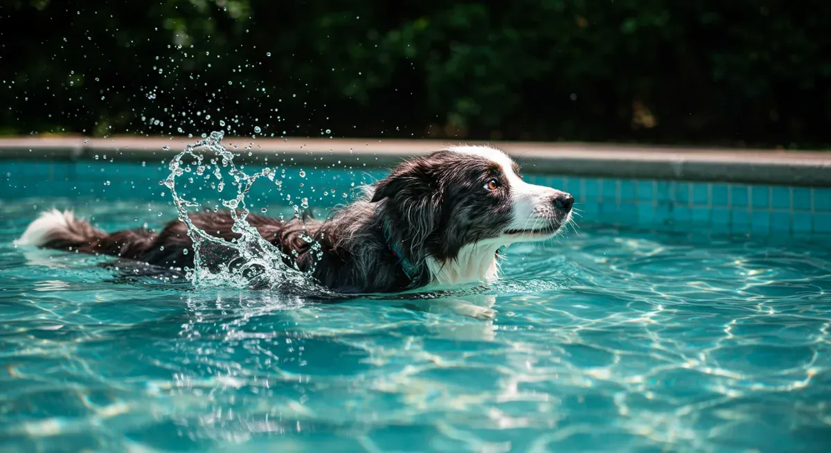 Border Collie swimming in pool as low-impact exercise therapy for hip dysplasia management