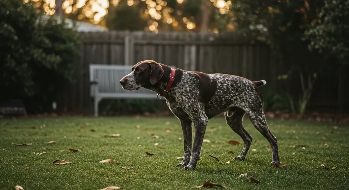 German Shorthaired Pointer in classic pointing position in a backyard, showcasing the breed's strong hunting instincts and natural prey drive behavior