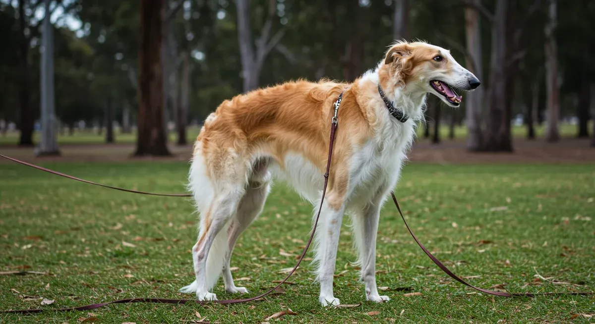 Alert Borzoi on leash showing focused hunting behavior, demonstrating the prey drive management challenges discussed in the article