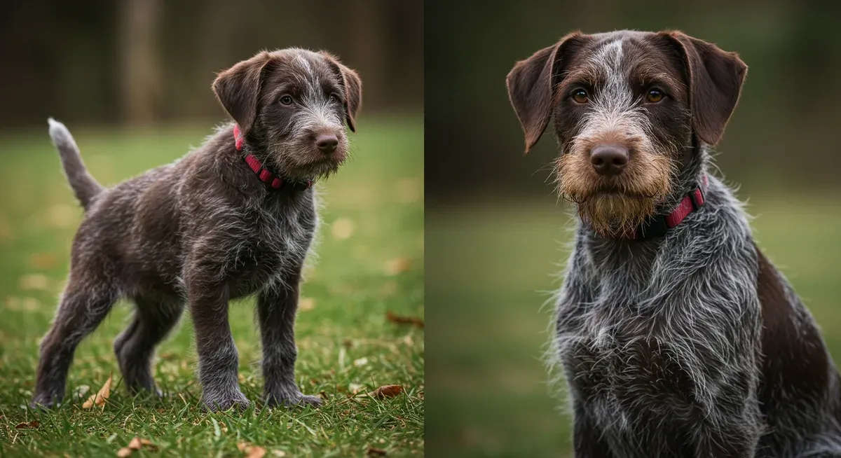 Comparison showing the coat transition from soft puppy fur to adult wiry coat in Wirehaired Pointing Griffons, illustrating the natural development process described in the article