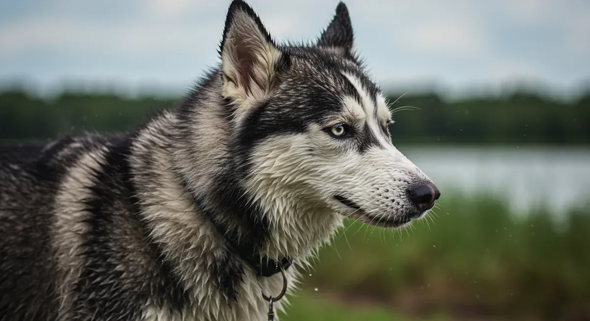 A Siberian Husky with their thick double coat completely saturated with water after swimming, showing the coat management challenges