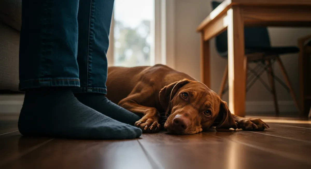 Vizsla dog lying close to their owner's feet indoors, illustrating the breed's tendency to stay near their humans and their strong attachment behavior