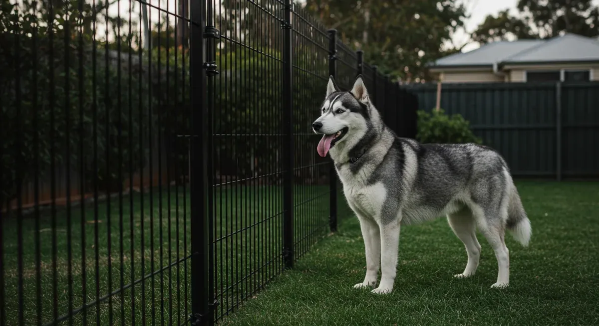 A Siberian Husky next to a high, secure fence demonstrating proper containment necessary to prevent escape attempts common in this independent breed