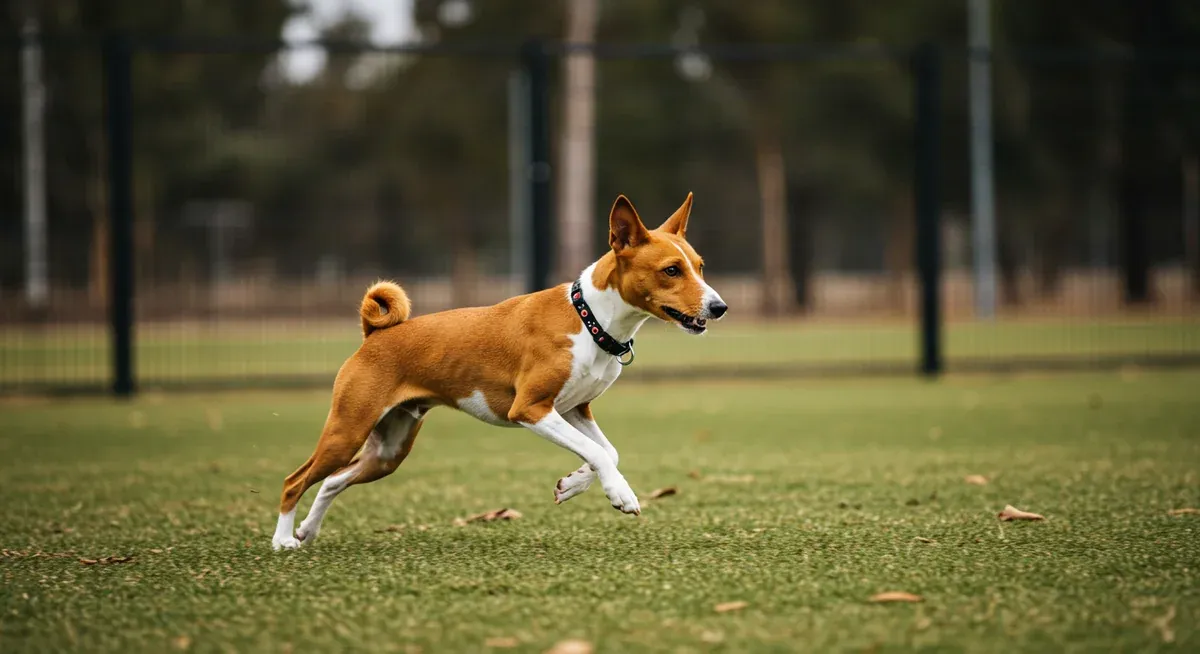 Athletic Basenji running energetically in a securely fenced area, demonstrating the breed's high exercise needs and the importance of proper containment for these escape-prone dogs