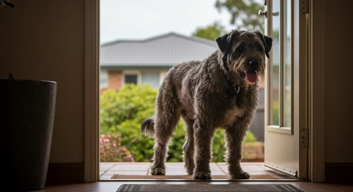 A Bouvier des Flandres displaying appropriate protective behavior at a doorway, illustrating their natural guarding instincts in a controlled manner