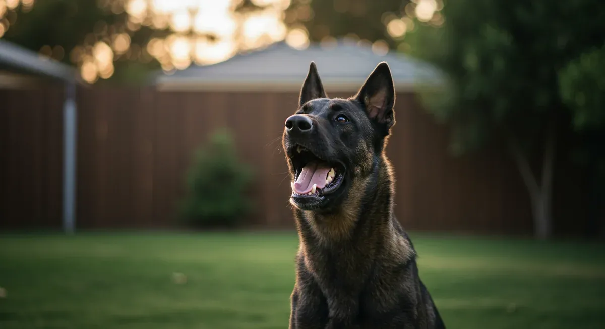 A Canaan Dog barking alertly in a yard, showing the breed's natural vocal communication and guarding instincts