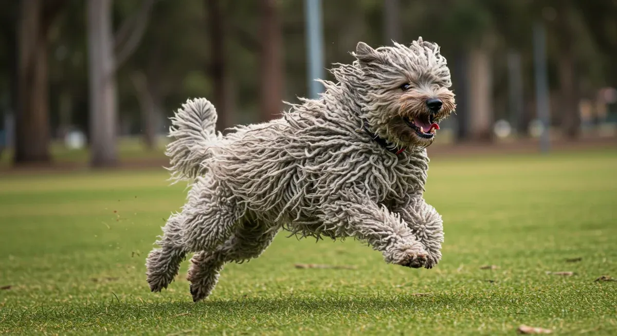 A Puli dog in full sprint during an energetic play session, demonstrating the sudden bursts of energy typical of the breed that require proper exercise management