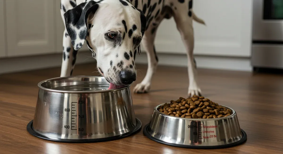 Dalmatian dog drinking water next to a bowl of specialized low-purine diet food, illustrating proper dietary management for preventing urate stone formation