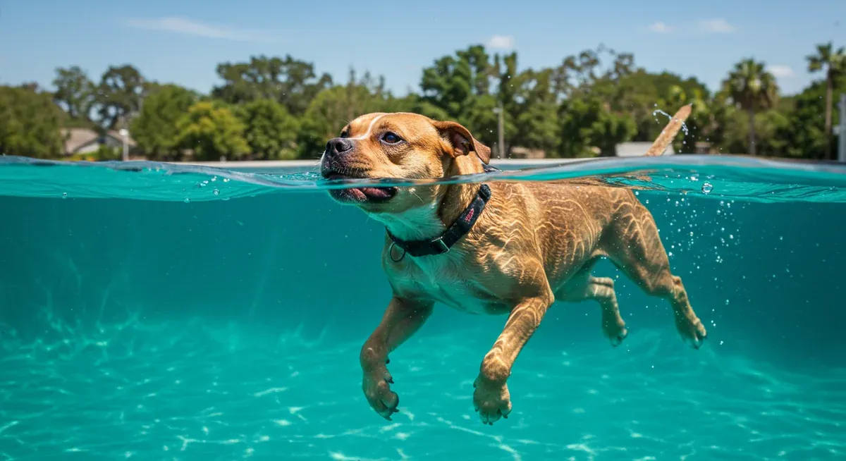 American Bulldog swimming in a therapeutic pool during hydrotherapy, demonstrating low-impact exercise that's beneficial for dogs with hip dysplasia