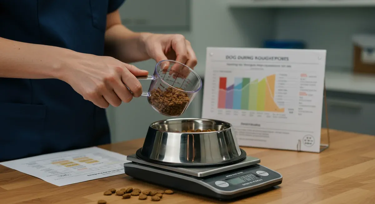 Hands measuring dog food portions on a digital scale with feeding charts visible, demonstrating proper portion control techniques for weight management