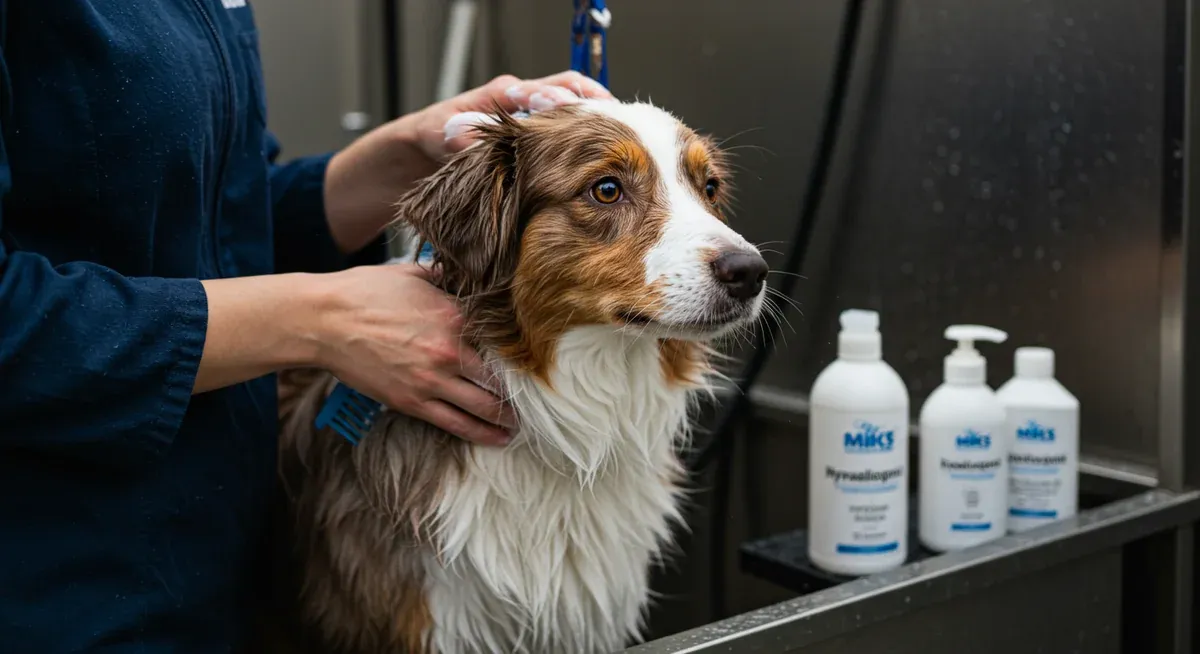 Australian Shepherd receiving a therapeutic bath with hypoallergenic products as part of allergy management routine