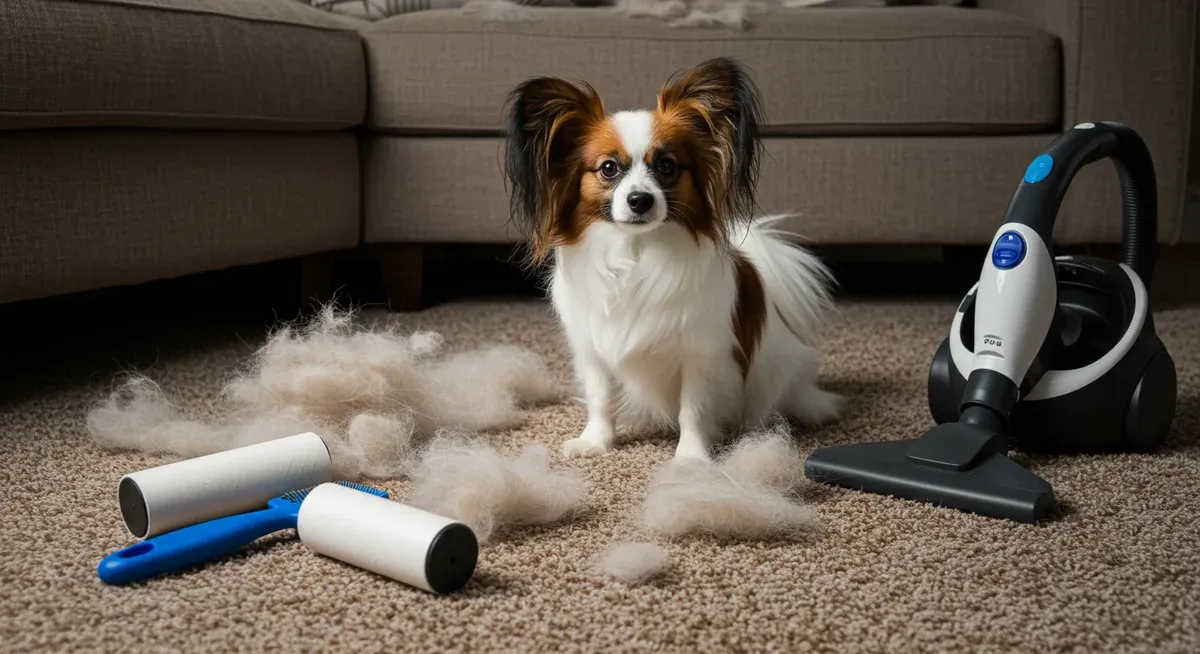 Papillon hair on furniture and cleaning tools like lint rollers, illustrating home management strategies during shedding periods