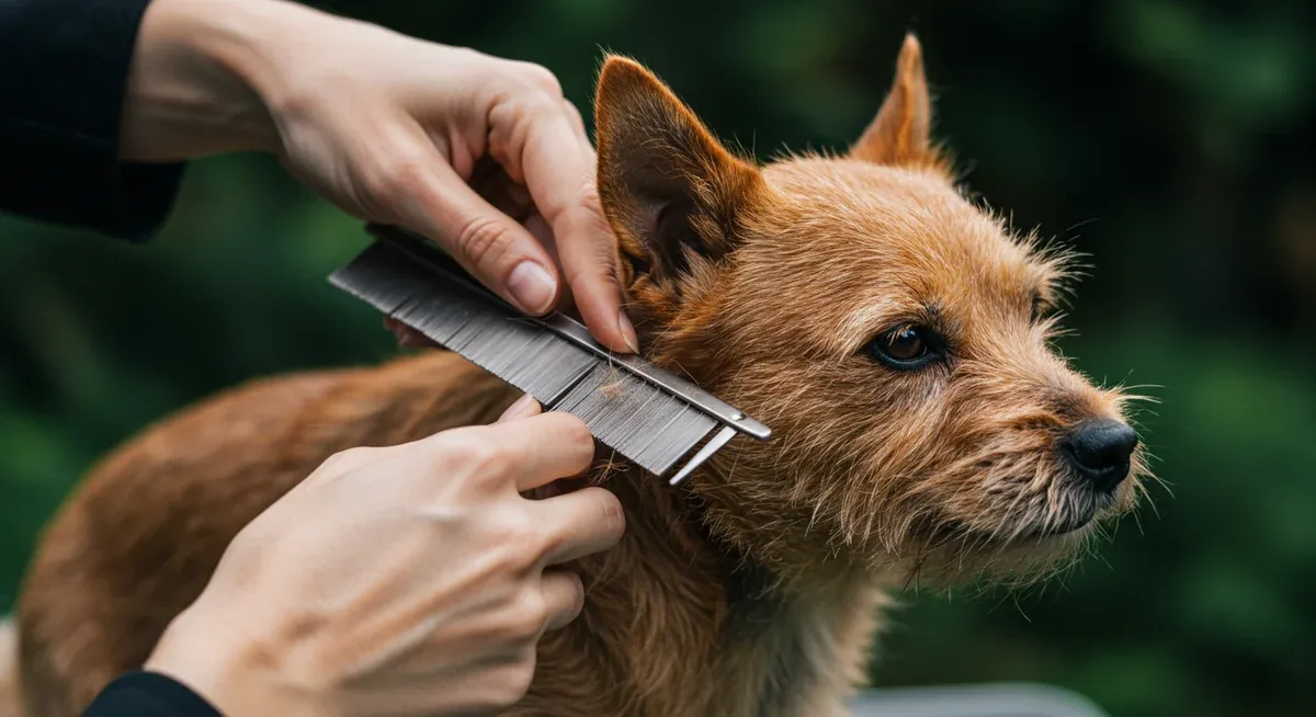 Close-up demonstration of hand stripping technique being performed on a Norwich Terrier's coat, showing the specialized grooming method central to the article's guidance