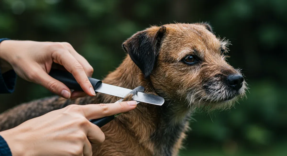 Close-up demonstration of hand-stripping technique on a Border Terrier's coat using a stripping knife, showing proper method for maintaining coat texture