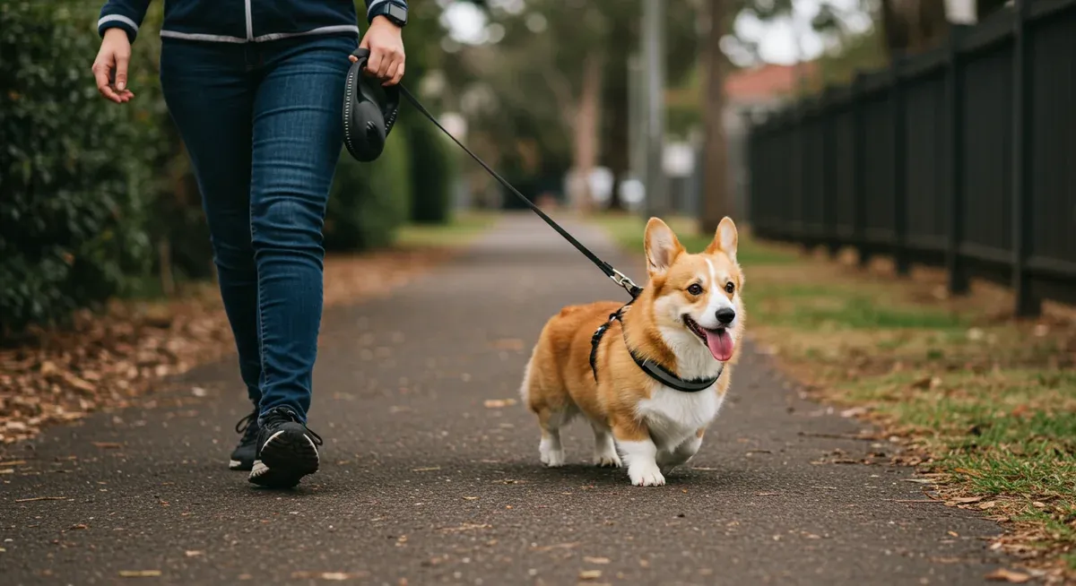 Well-trained Pembroke Welsh Corgi demonstrating proper leash walking behaviour on Australian suburban street, showing the successful outdoor training techniques described in the section