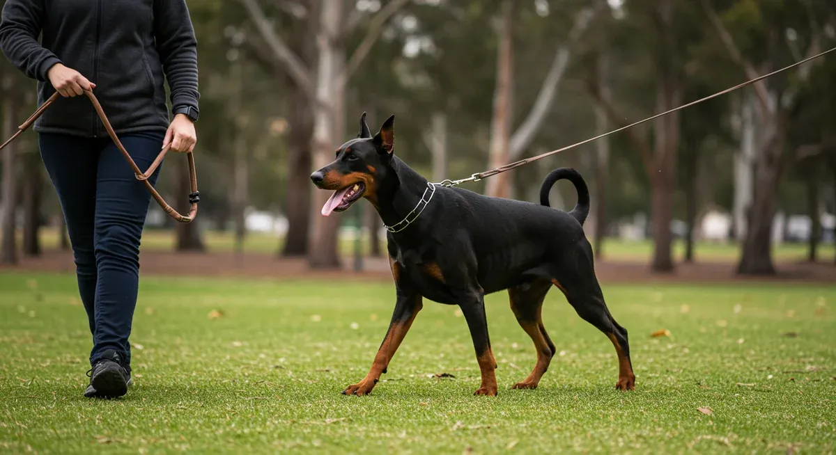 Adult Doberman walking at heel on leash with perfect form, showing the results of early and consistent leash training to manage the breed's strength and size