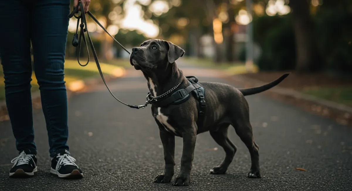 Young Cane Corso puppy demonstrating proper leash walking technique with loose leash and attentive posture beside owner