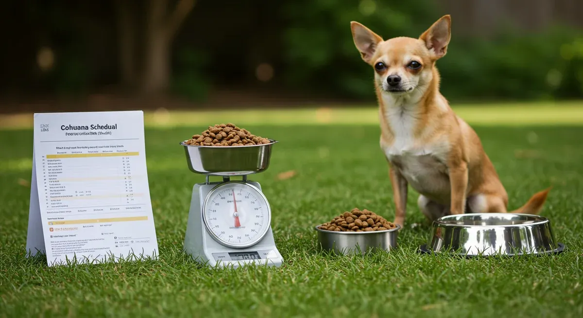 Kitchen scale with measured kibble portion and feeding schedule showing the precise portion control needed for Chihuahua nutrition