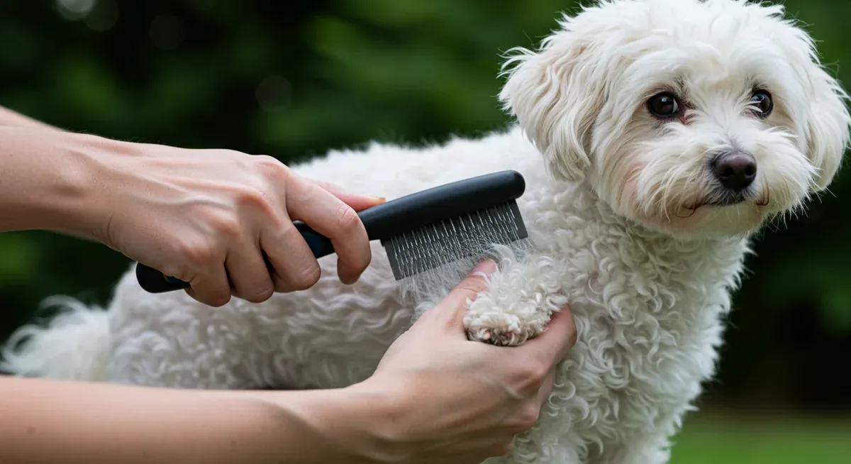 Close-up of proper brushing technique being demonstrated on a Bichon Frise's coat, showing how to use a slicker brush to maintain the breed's characteristic fluffy texture