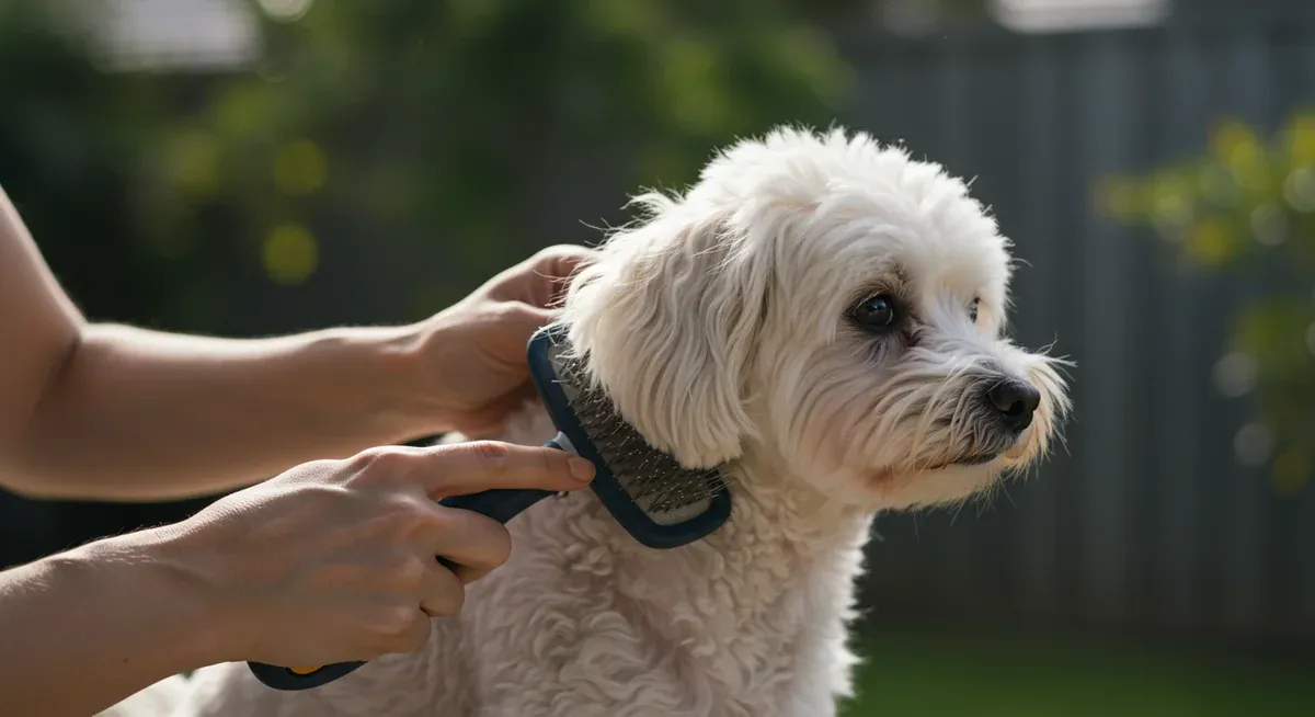 A Bichon Frise receiving daily brushing attention, demonstrating proper grooming technique focusing on areas prone to matting