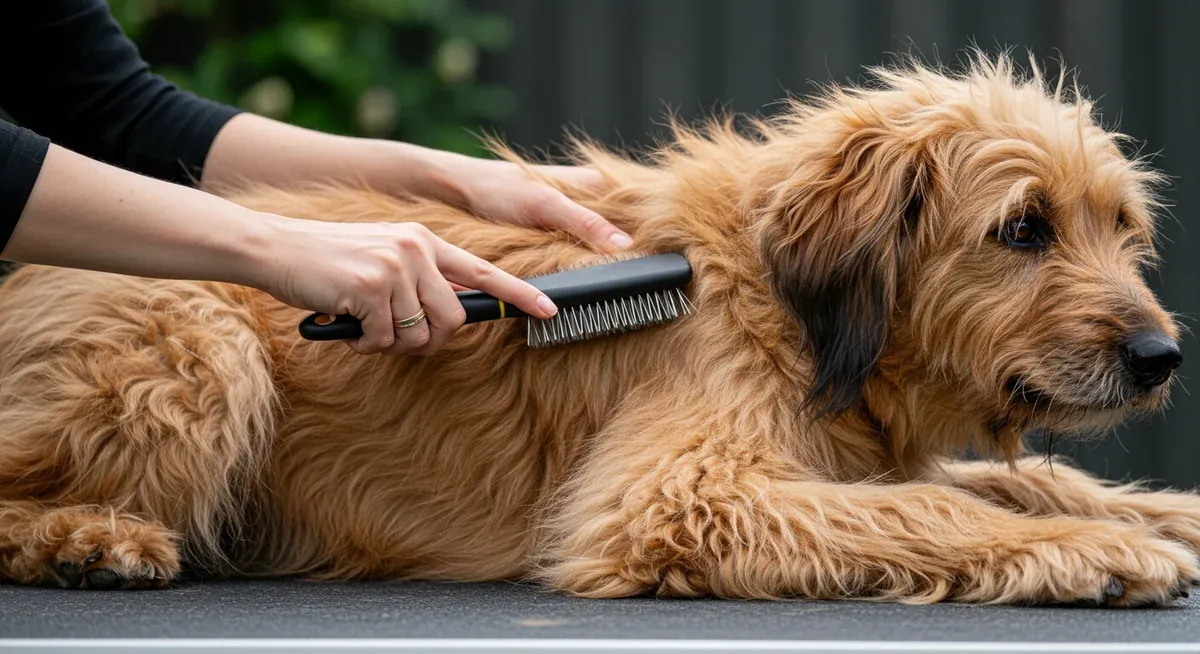 Demonstration of the line brushing technique being performed on a Briard's coat, showing the systematic sectioning method from foot upward