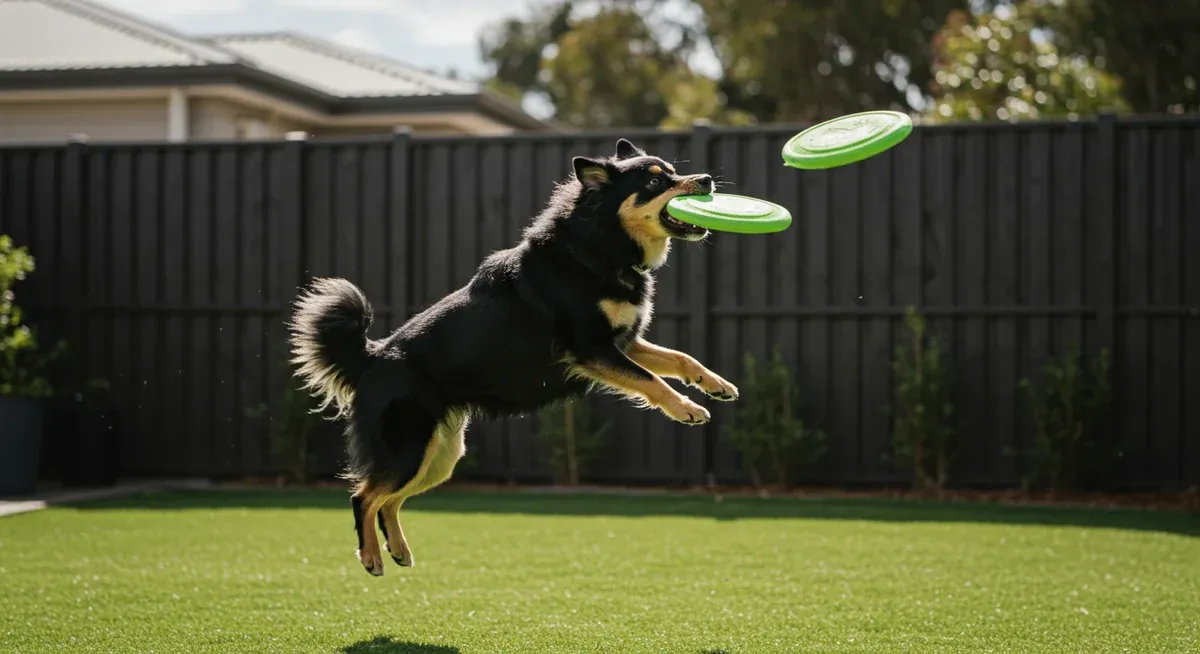 Athletic Pomeranian jumping to catch a soft flying toy in a backyard, demonstrating how proper toy selection allows small dogs to engage in active play safely