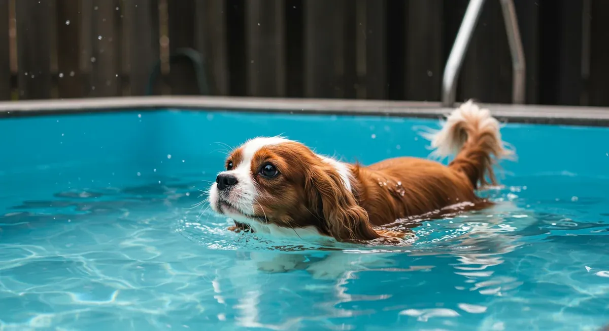 A Cavalier King Charles Spaniel swimming in a hydrotherapy pool, demonstrating low-impact exercise for hip dysplasia management