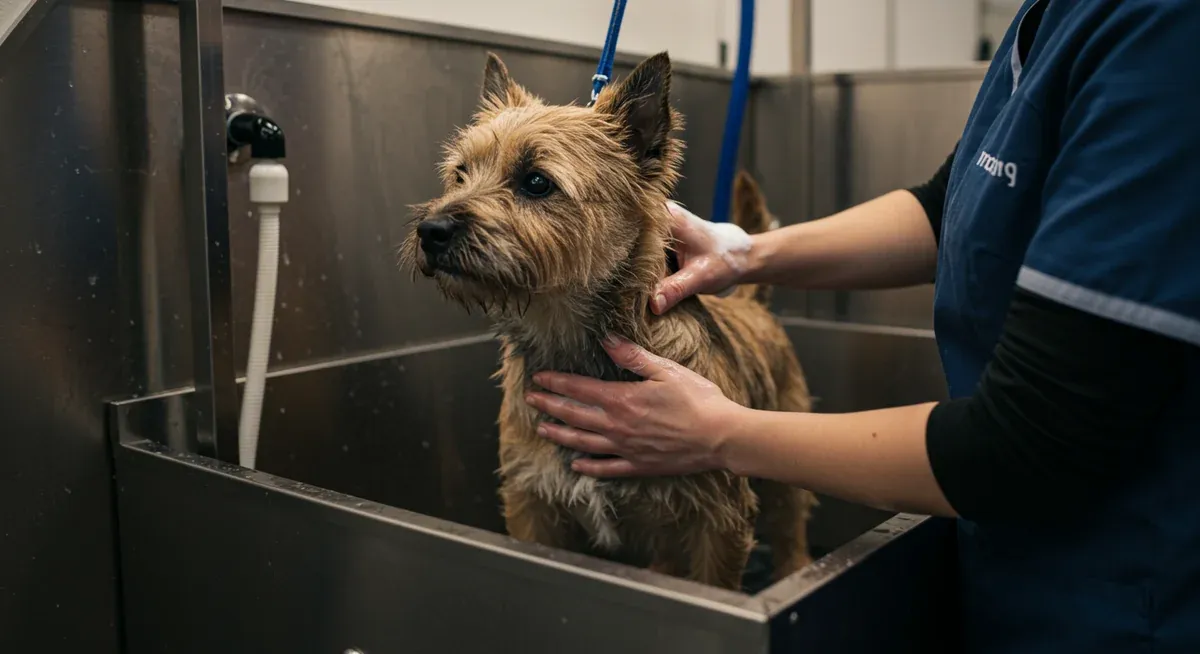 A Cairn Terrier receiving a therapeutic medicated shampoo bath in a professional grooming setting, demonstrating proper treatment care for skin conditions