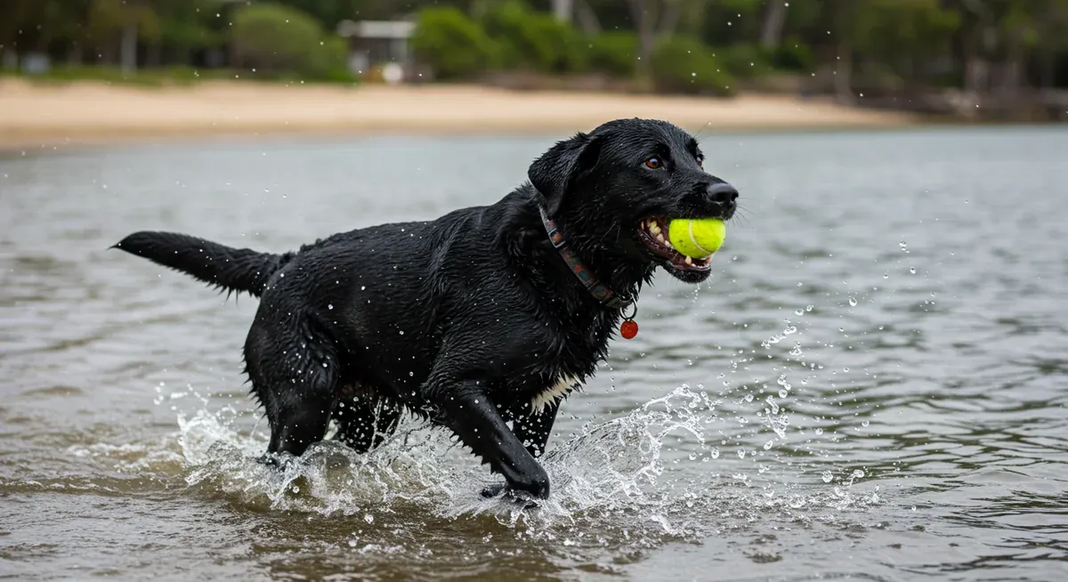 A black Labrador Retriever energetically retrieving a ball from water, showing the type of vigorous exercise that helps manage separation anxiety