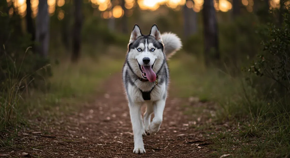 A Siberian Husky running energetically on an Australian bush trail, demonstrating the breed's high exercise requirements for managing separation anxiety