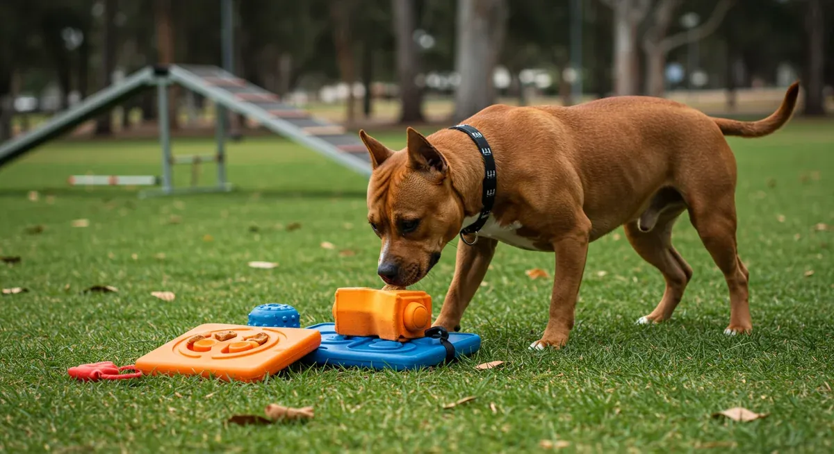 American Staffordshire Terrier actively engaged with puzzle toys and agility equipment, demonstrating mental and physical stimulation activities