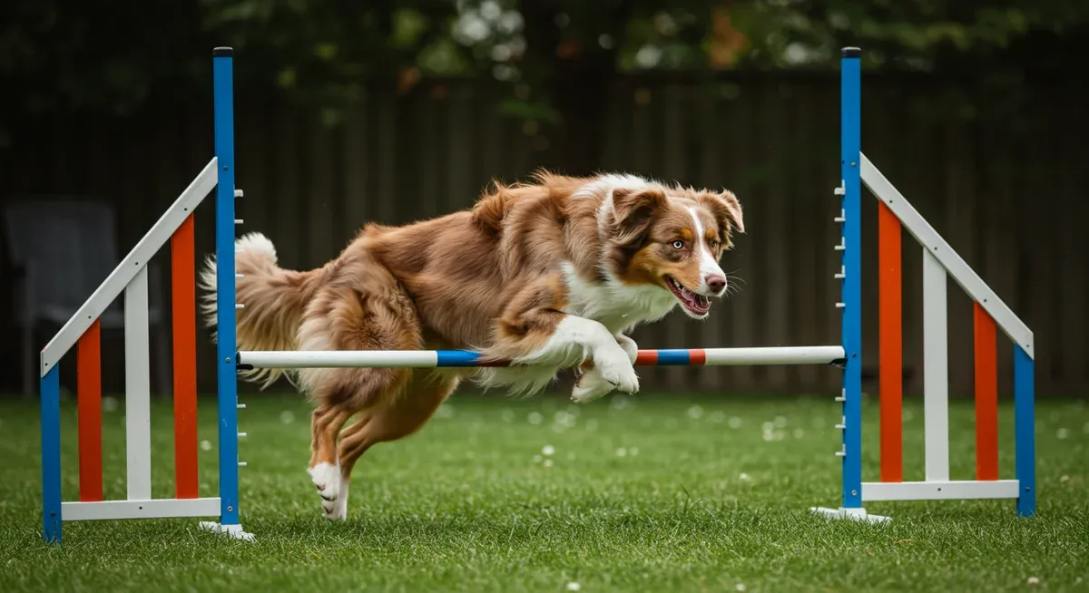 Australian Shepherd performing agility exercises on an obstacle course, demonstrating the type of vigorous, mentally stimulating exercise the breed requires daily