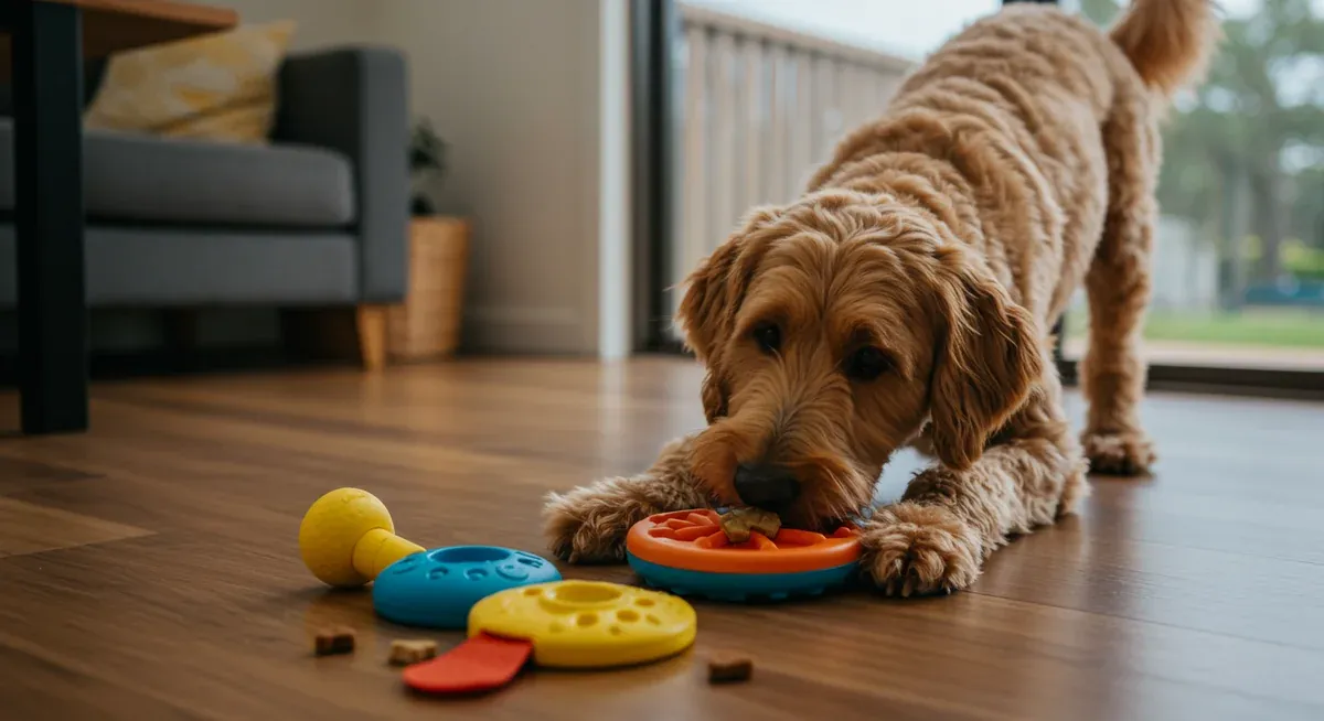 A Goldendoodle actively working with puzzle toys and mental stimulation games, demonstrating the importance of engaging their intelligent minds alongside physical exercise
