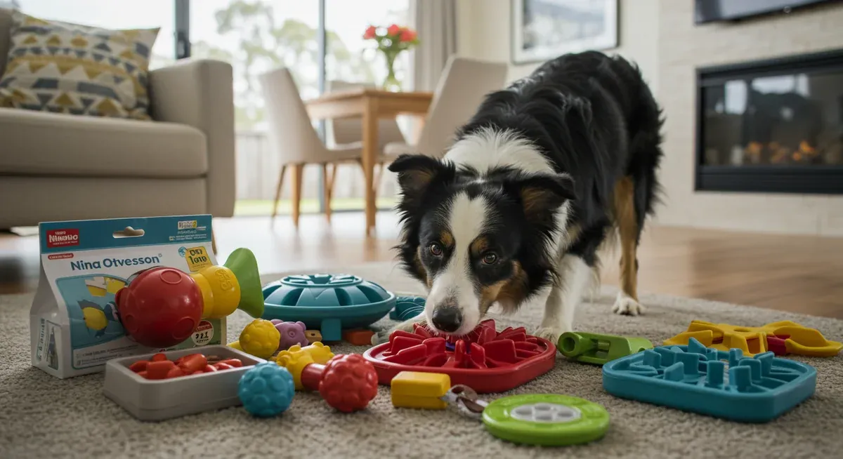 Border Collie playing with puzzle toys and mental stimulation games, showing how proper enrichment helps reduce problematic barking